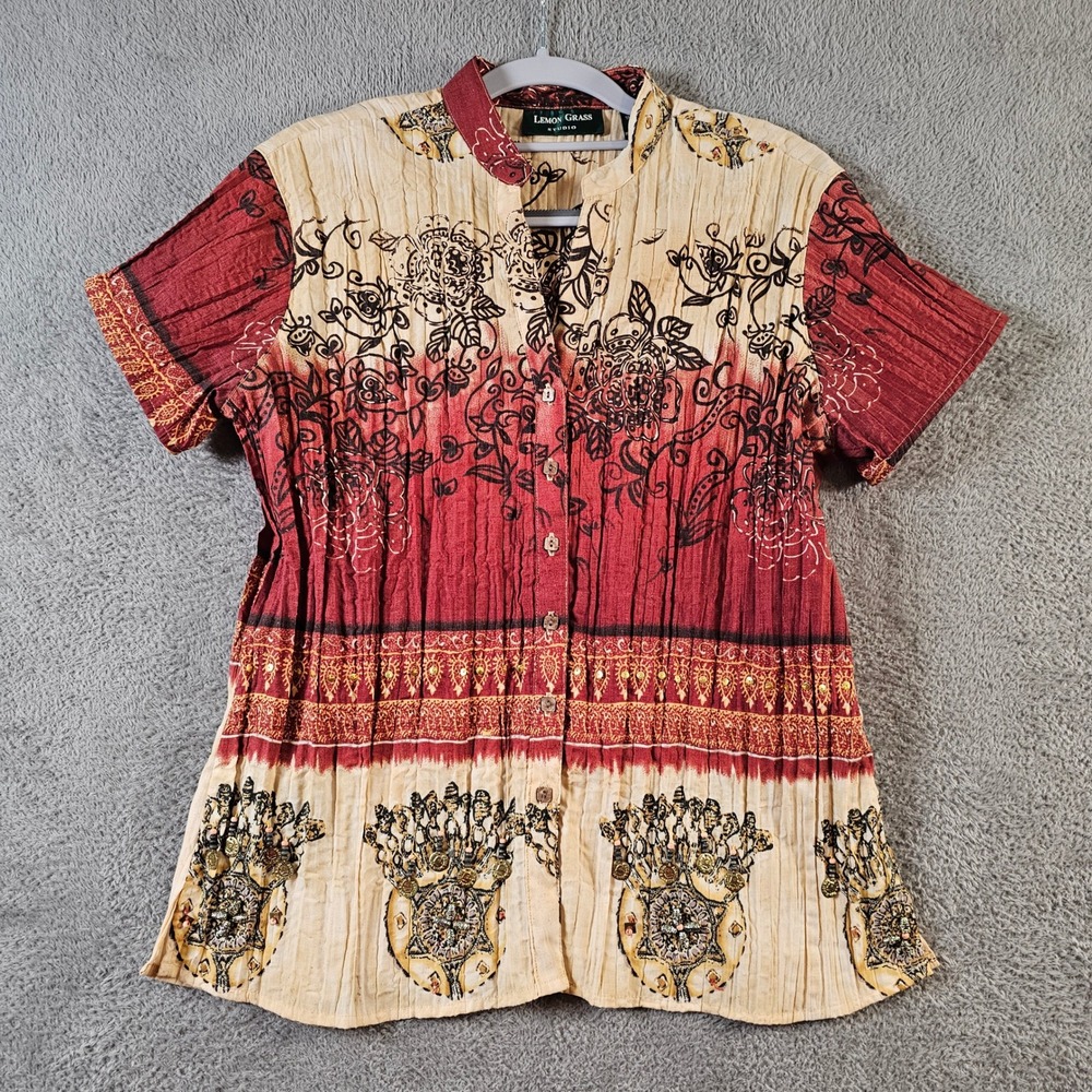 Lemon Grass Studio Womens Medium Crinkle Boho Embellished Button Up Blouse Red